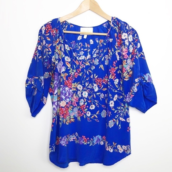 YUMI Kim Blue floral silk BoHo peasant blouse - Picture 9 of 11